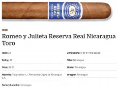 2020雪茄排名第22 Romeo y Julieta Reserva Real Nicaragua Toro